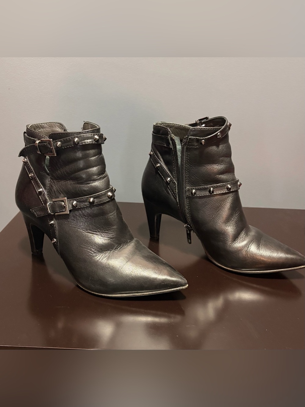Women's Black Studded Leather Ankle Booties - Pointed Toe Heel